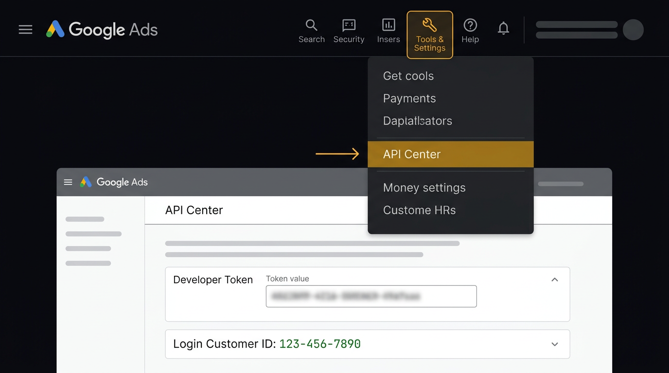 Google Ads Tools menu showing API Center location under Setup