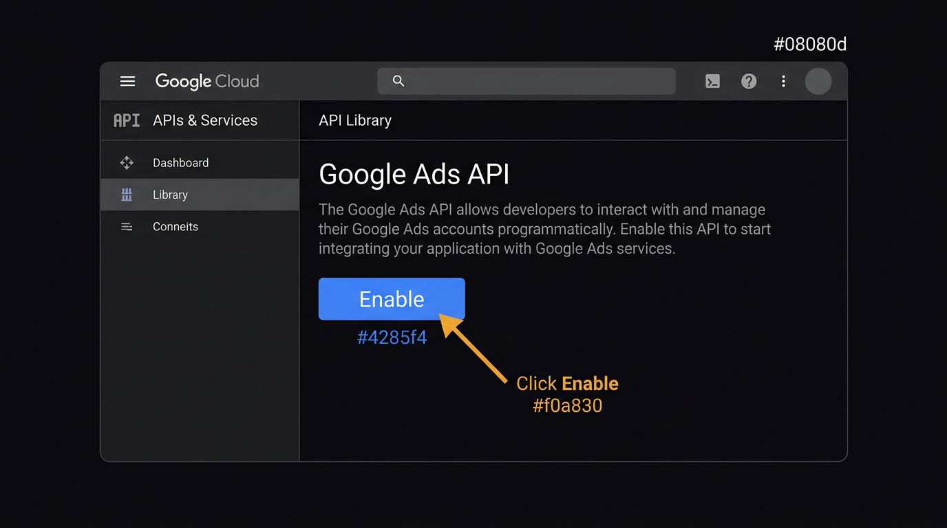 Google Cloud Console showing the Enable button for Google Ads API
