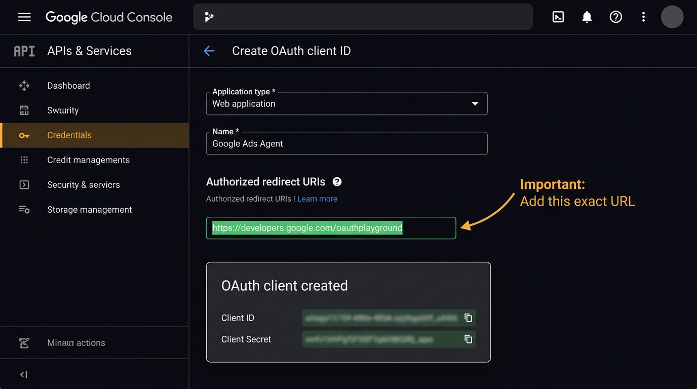 Google Cloud Console showing OAuth client ID creation with redirect URI